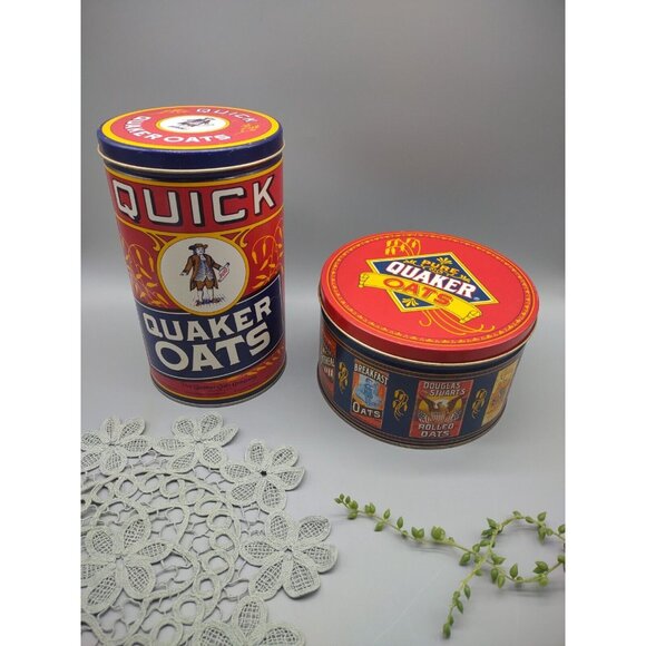 Vintage 1980s 90s Lot of 2 Quaker Oats Metal Tin Cans, 1983, 1990 - Picture 3 of 17